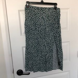 Green and white floral midi skirt with slit